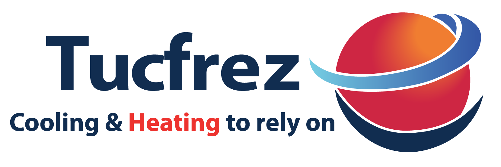 Tucfrez logo for an HVAC repair service featuring the tagline “Cooling & Heating to rely on” next to an abstract circular icon.