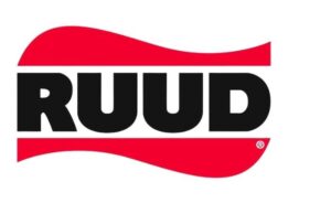 Ruud logo featuring the word “RUUD” in bold black letters centered between two red wavy horizontal bars.